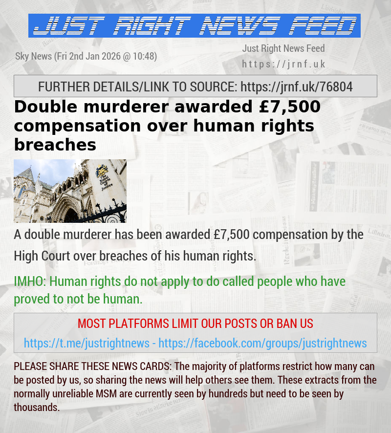 Double murderer awarded &pound;7,500 compensation over human rights breaches