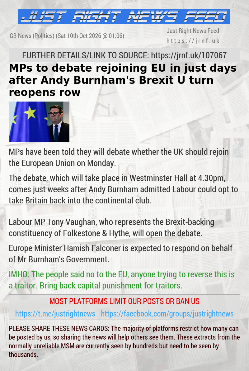 MPs to debate rejoining EU in just days after Andy Burnham’s Brexit U—turn reopens row