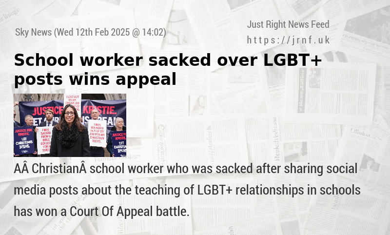 School worker sacked over LGBT+ posts wins appeal