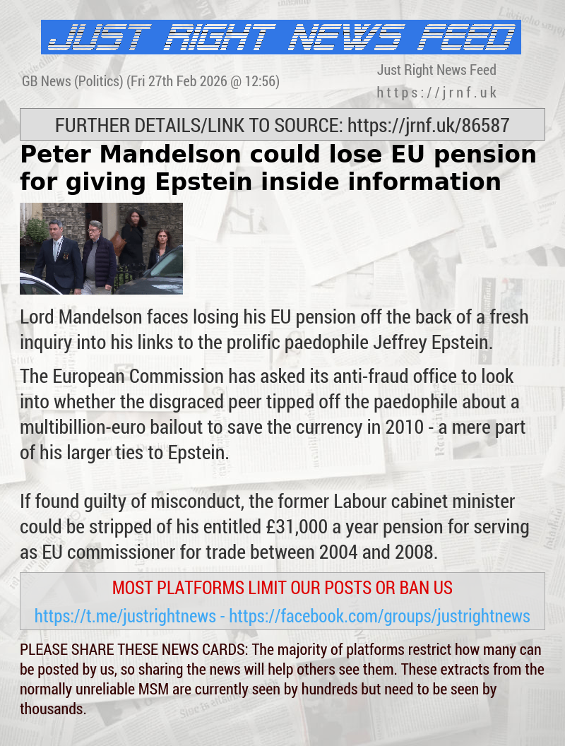 Peter Mandelson could lose EU pension for giving Epstein inside information
