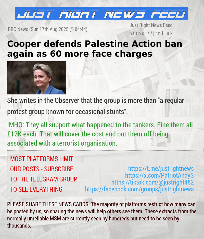 Cooper defends Palestine Action ban again as 60 more face charges