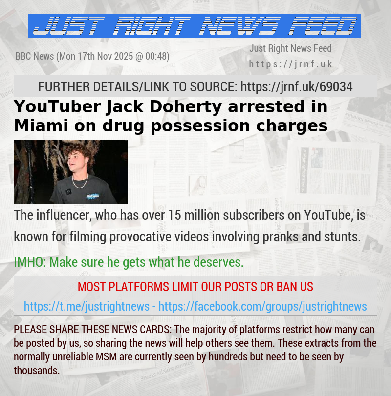 YouTuber Jack Doherty arrested in Miami on drug possession charges