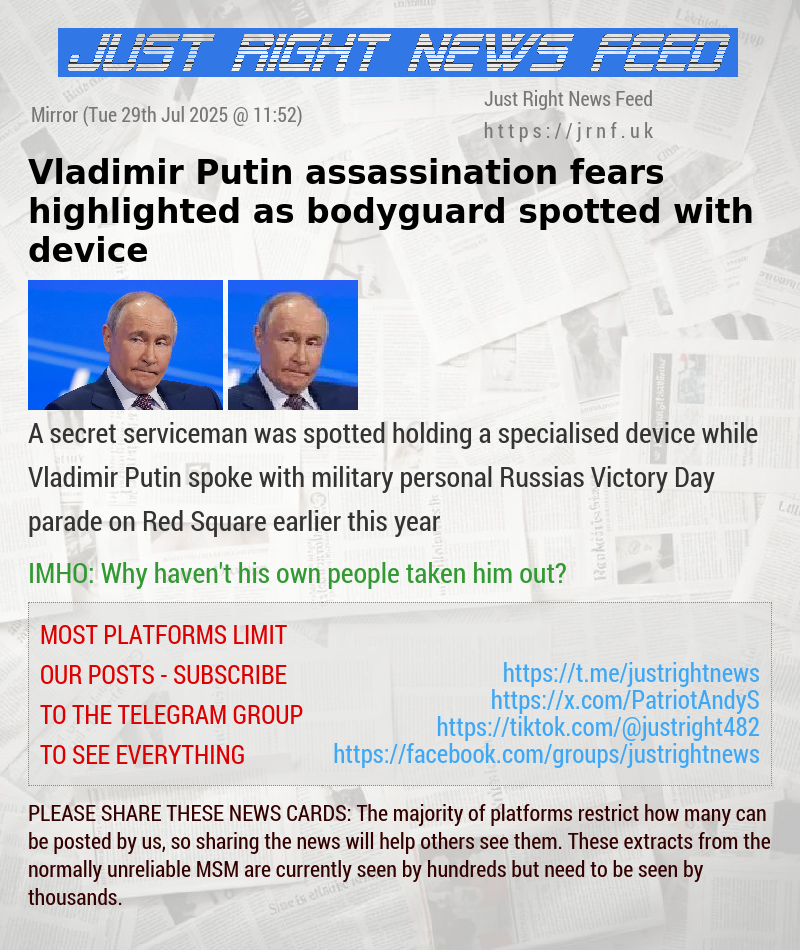 Vladimir Putin assassination fears highlighted as bodyguard spotted with device