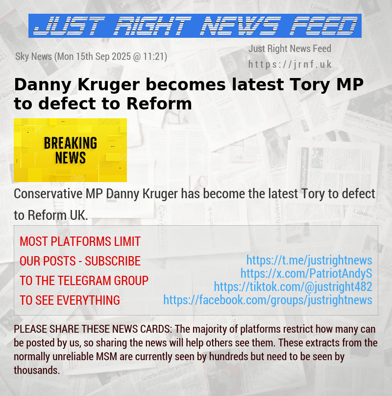 Danny Kruger becomes latest Tory MP to defect to Reform