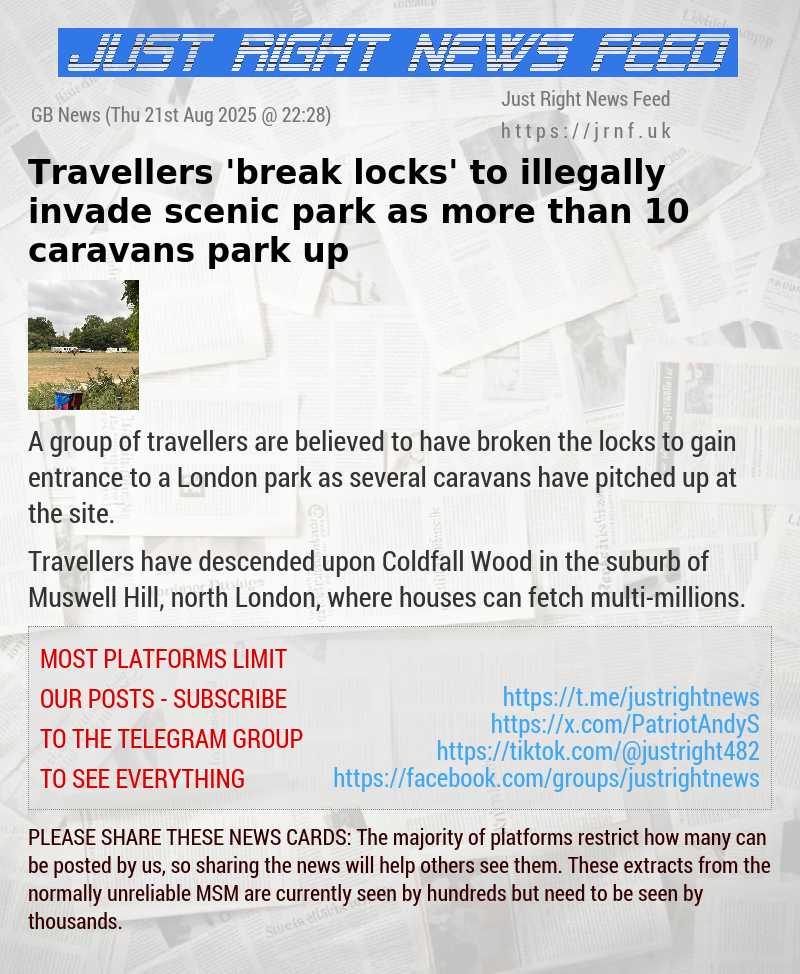 Travellers ’break locks’ to illegally invade scenic park as more than 10 caravans park up
