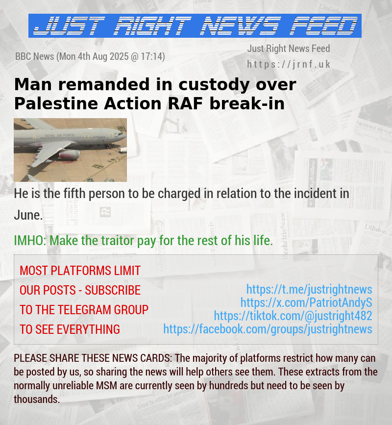 Man remanded in custody over Palestine Action RAF break—in 