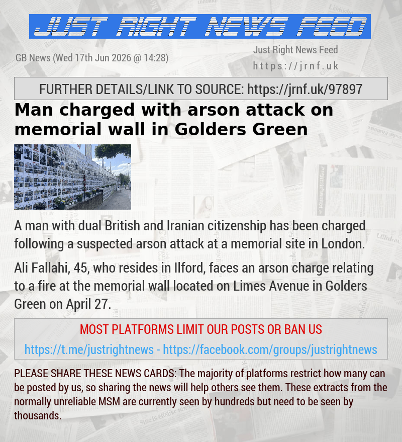 Man charged with arson attack on memorial wall in Golders Green