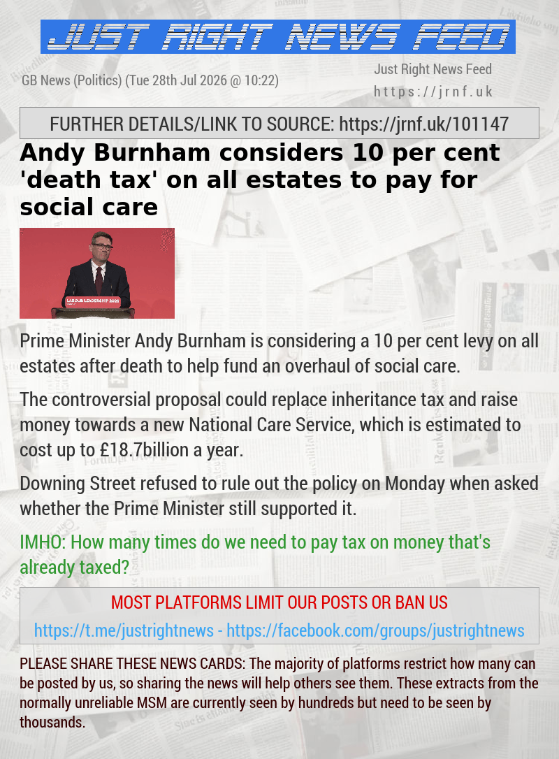 Andy Burnham considers 10 per cent ’death tax’ on all estates to pay for social care