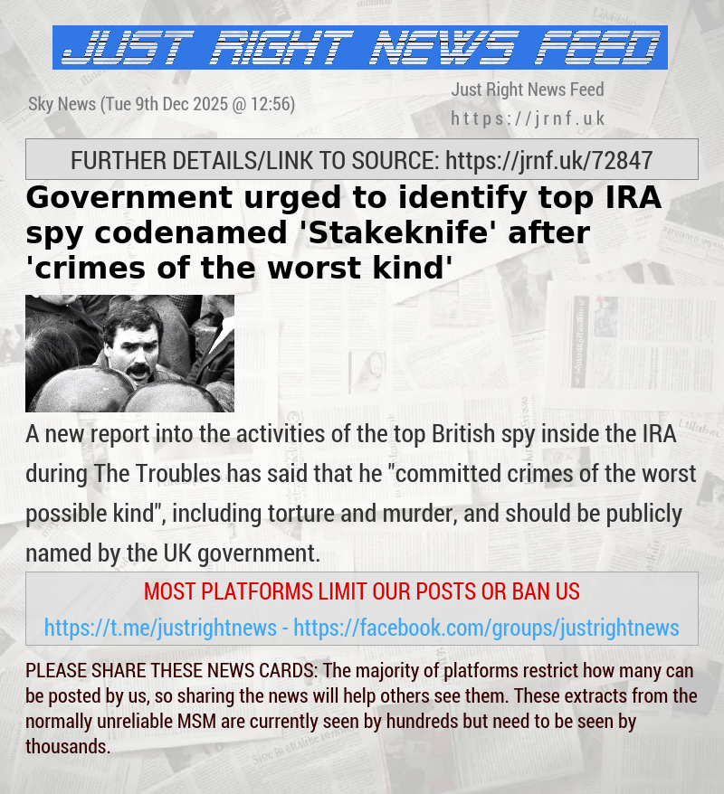 Government urged to identify top IRA spy codenamed ’Stakeknife’ after ’crimes of the worst kind’