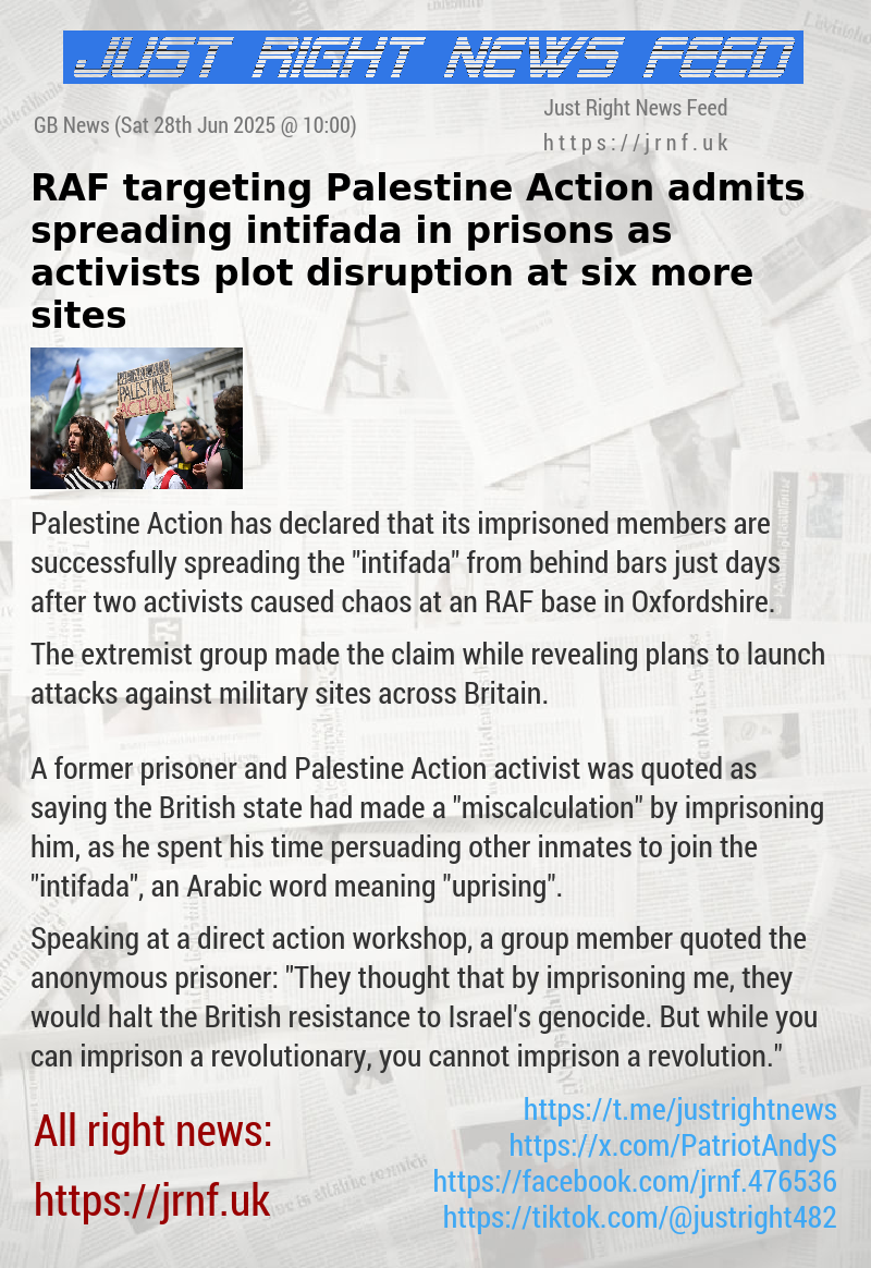 RAF—targeting Palestine Action admits spreading intifada in prisons as activists plot disruption at six more sites