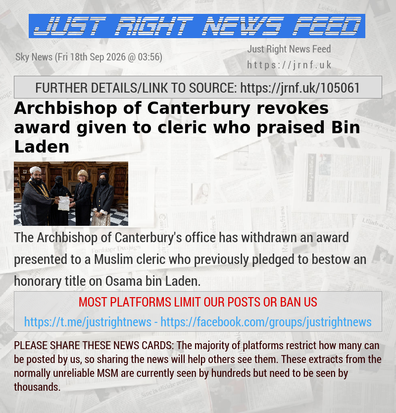 Archbishop of Canterbury revokes award given to cleric who praised Bin Laden 