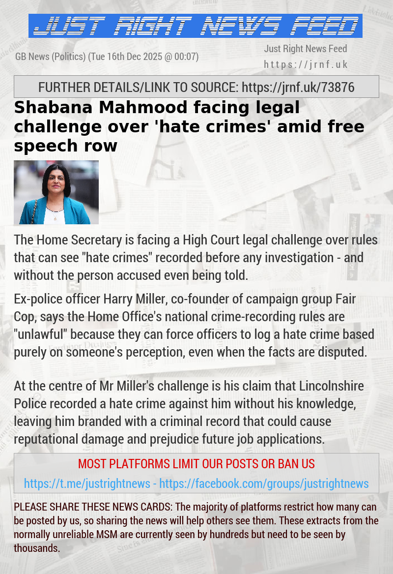 Shabana Mahmood facing legal challenge over ’hate crimes’ amid free speech row