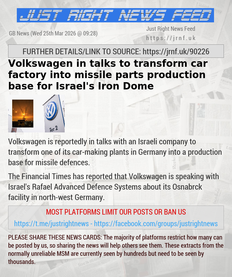 Volkswagen in talks to transform car factory into missile parts production base for Israel’s Iron Dome