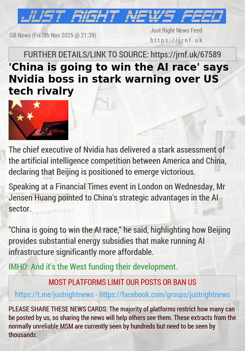 ‘China is going to win the AI race’ says Nvidia boss in stark warning over US tech rivalry