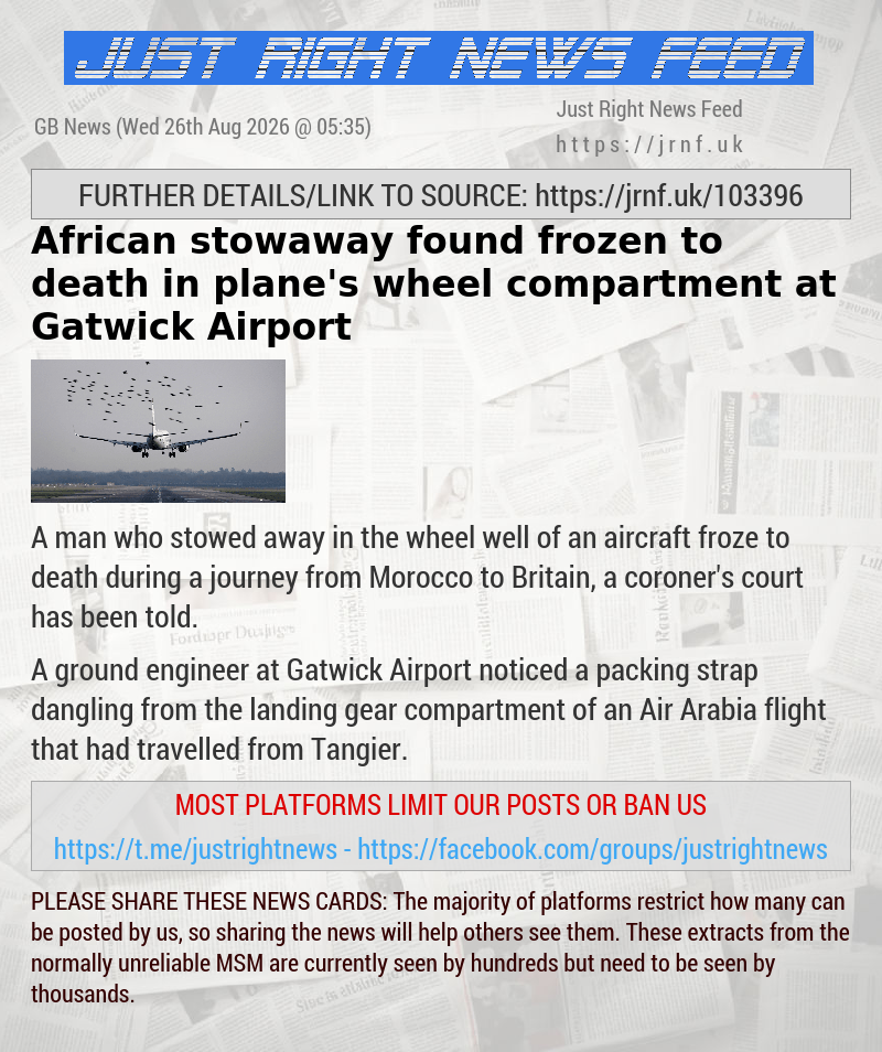 African stowaway found frozen to death in plane’s wheel compartment at Gatwick Airport