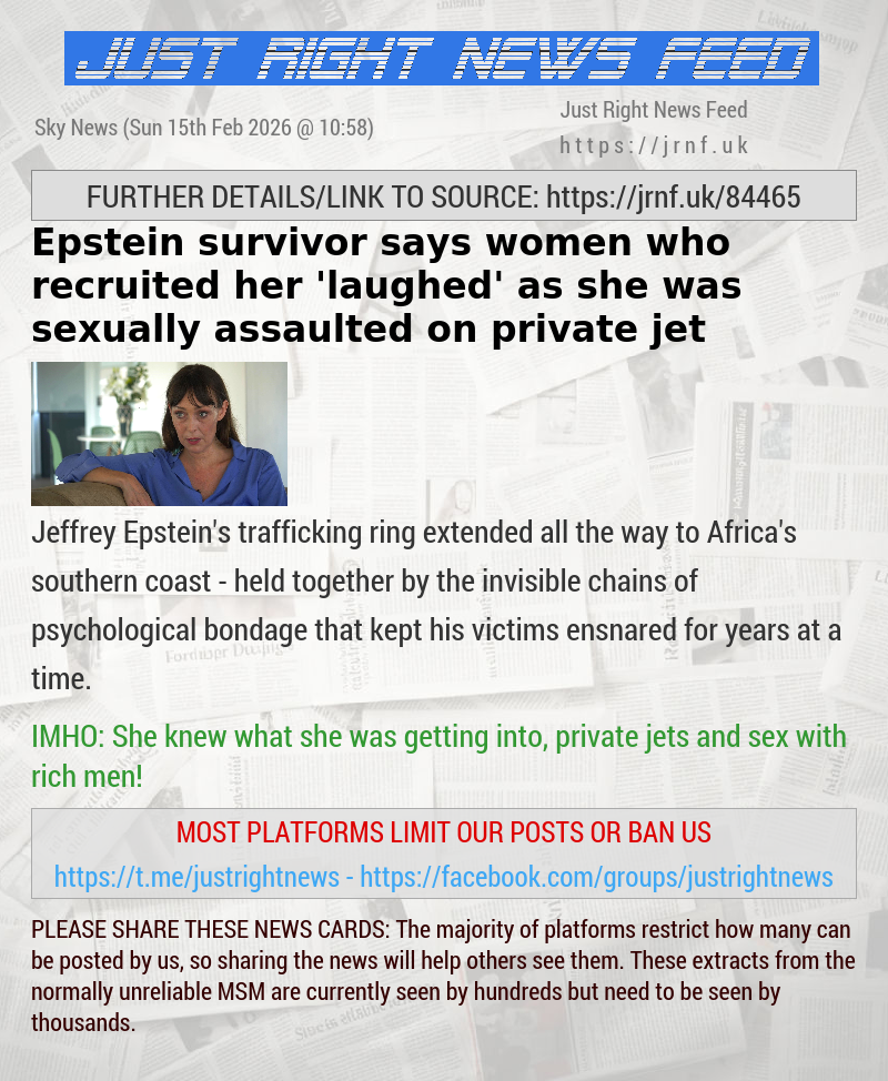 Epstein survivor says women who recruited her ’laughed’ as she was sexually assaulted on private jet
