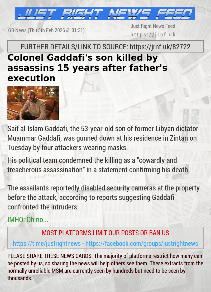 Colonel Gaddafi’s son killed by assassins 15 years after father’s execution
