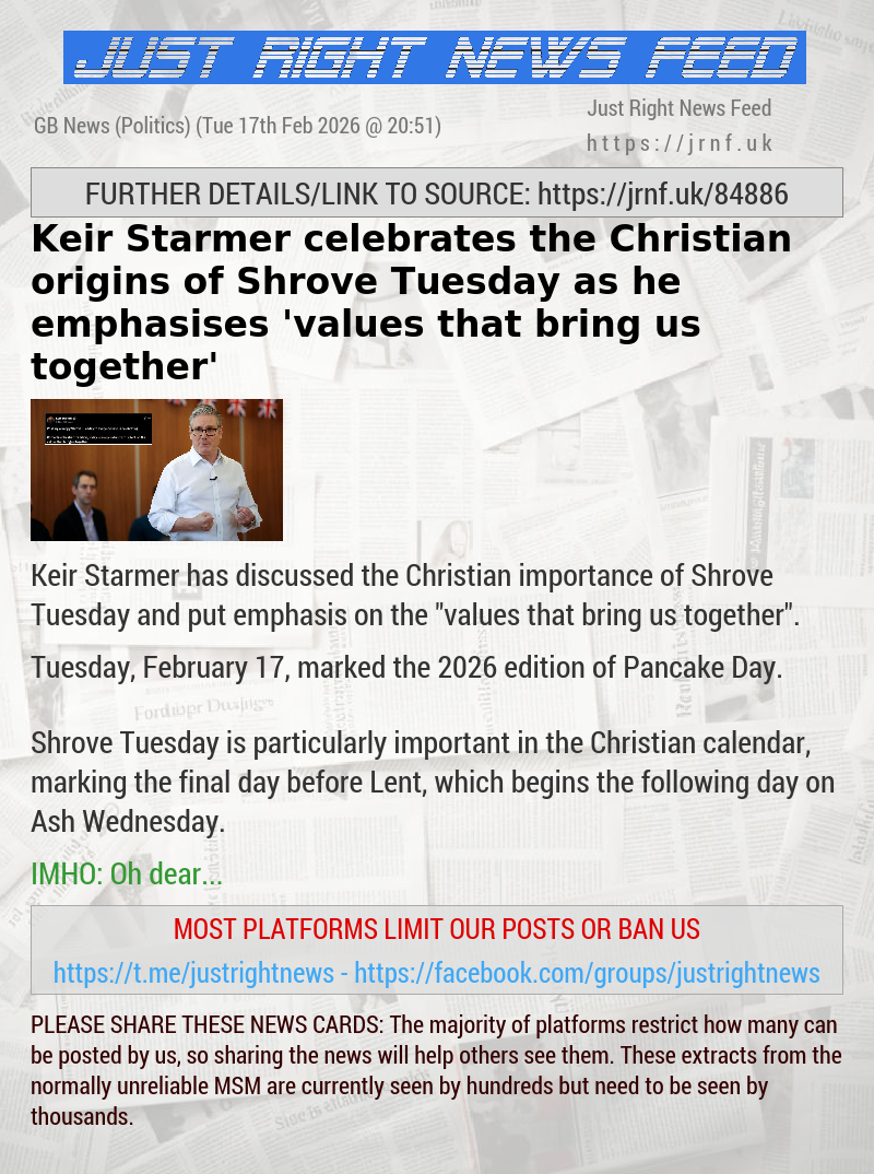 Keir Starmer celebrates the Christian origins of Shrove Tuesday as he emphasises ’values that bring us together’