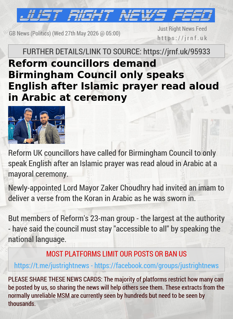 Reform councillors demand Birmingham Council only speaks English after Islamic prayer read aloud in Arabic at ceremony