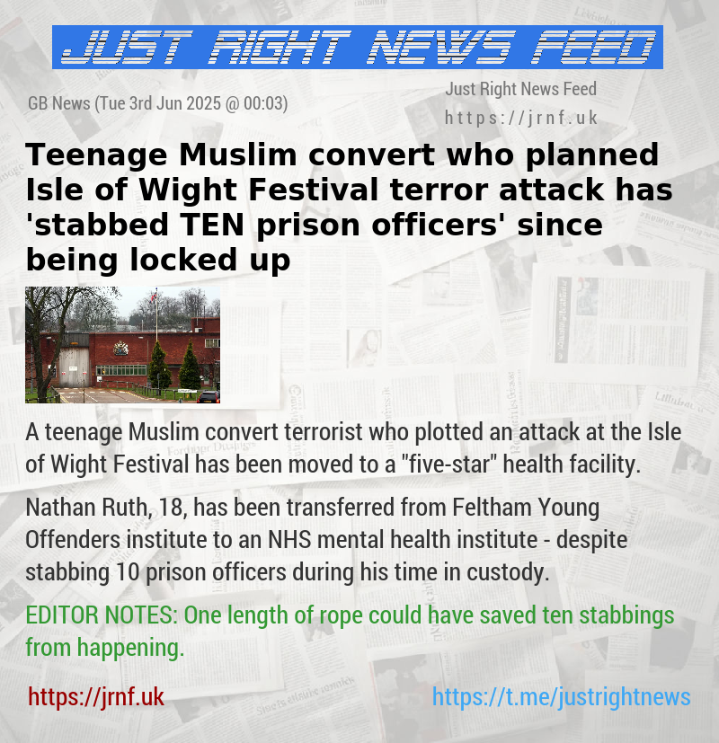 Teenage Muslim convert who planned Isle of Wight Festival terror attack has ’stabbed TEN prison officers’ since being locked up