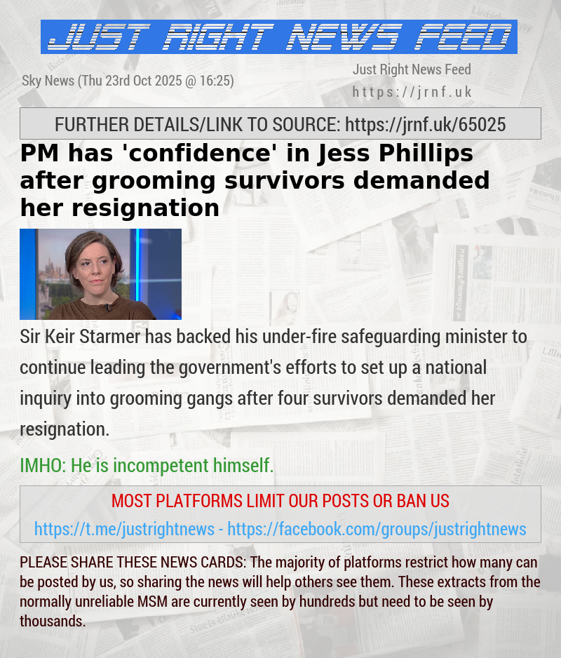 PM has ’confidence’ in Jess Phillips after grooming survivors demanded her resignation