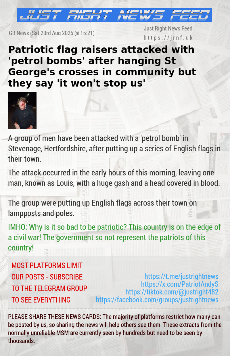 Patriotic flag raisers attacked with ’petrol bombs’ after hanging St George’s crosses in community​ but they say ’it won’t stop us’