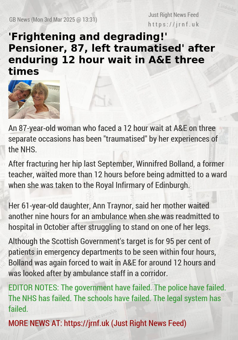 ’Frightening and degrading!’ Pensioner, 87, left ‘traumatised’ after enduring 12—hour wait in A&E three times