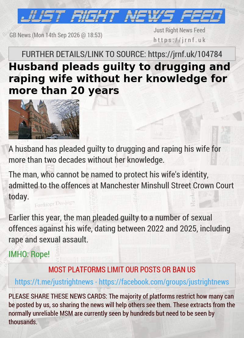 Husband pleads guilty to drugging and raping wife without her knowledge for more than 20 years