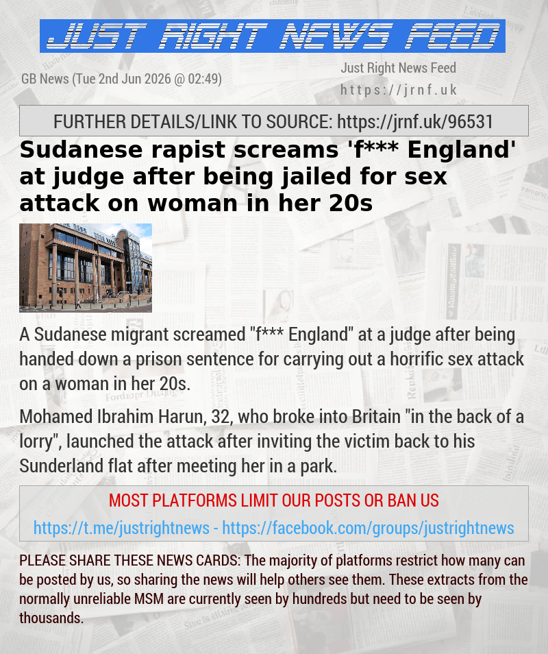 Sudanese rapist screams ’f*** England’ at judge after being jailed for sex attack on woman in her 20s