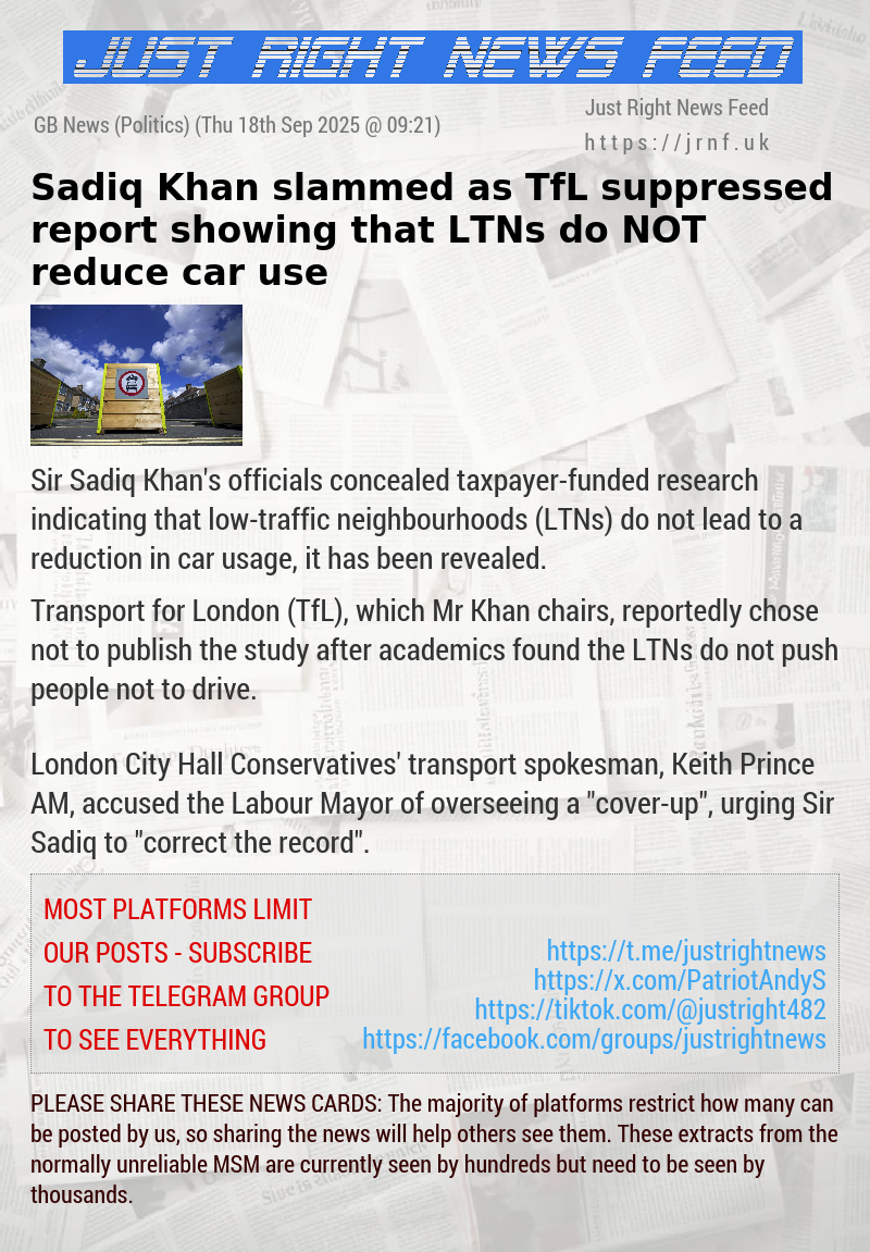 Sadiq Khan slammed as TfL suppressed report showing that LTNs do NOT reduce car use