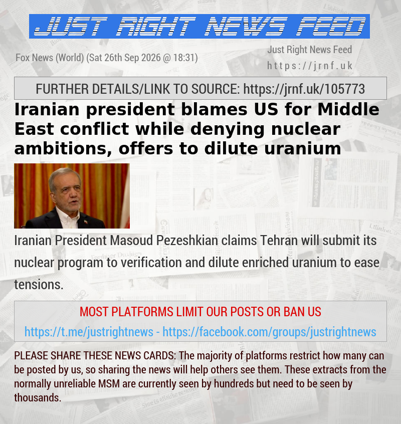 Iranian president blames US for Middle East conflict while denying nuclear ambitions, offers to dilute uranium