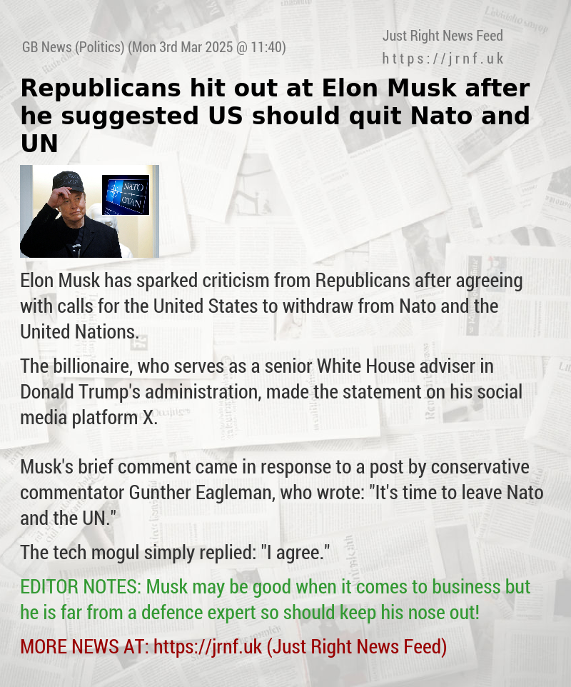 Republicans hit out at Elon Musk after he suggested US should quit Nato and UN