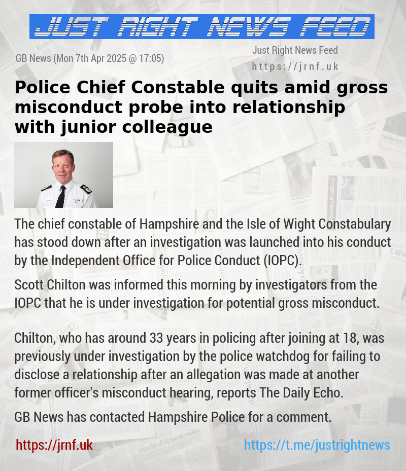 Police Chief Constable quits amid gross misconduct probe into relationship with junior colleague