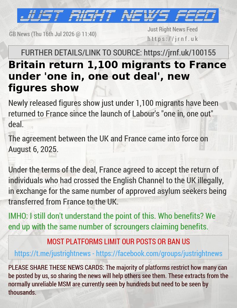 Britain return 1,100 migrants to France under ’one in, one out deal’, new figures show