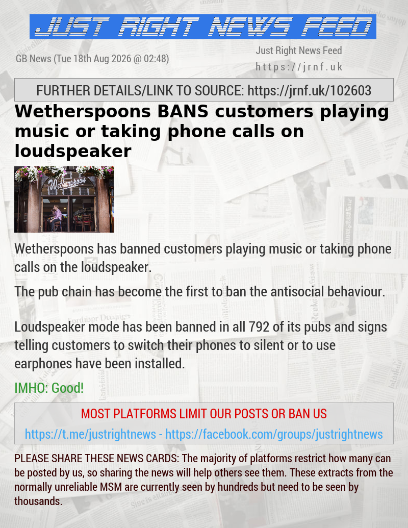 Wetherspoons BANS customers playing music or taking phone calls on loudspeaker