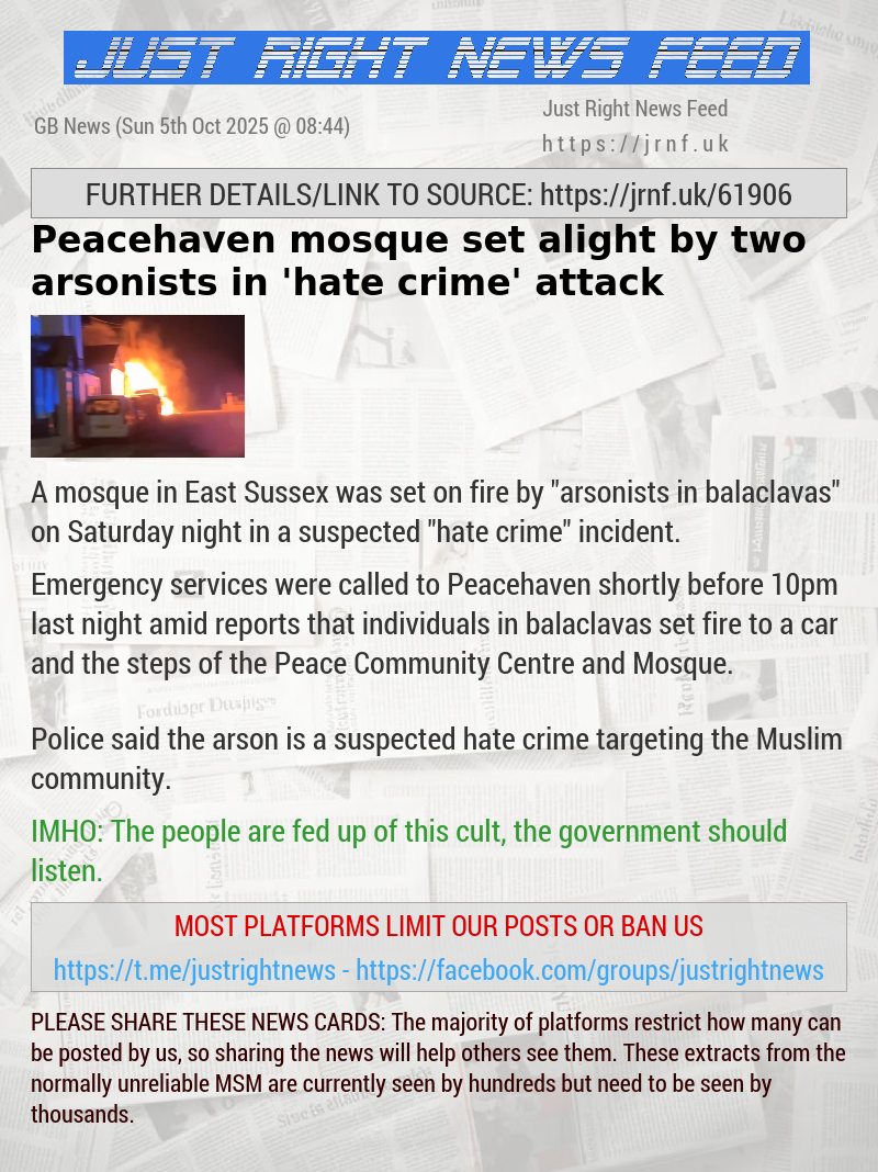 Peacehaven mosque set alight by two arsonists in ’hate crime’ attack