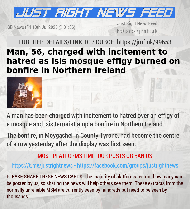 Man, 56, charged with incitement to hatred as Isis mosque effigy burned on bonfire in Northern Ireland