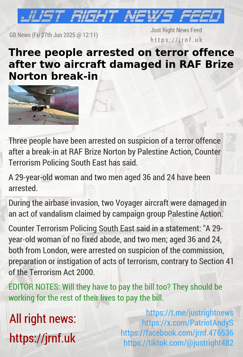 Three people arrested on terror offence after two aircraft damaged in RAF Brize Norton break—in