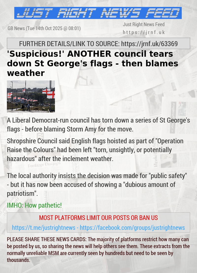 ’Suspicious!’ ANOTHER council tears down St George’s flags — then blames weather