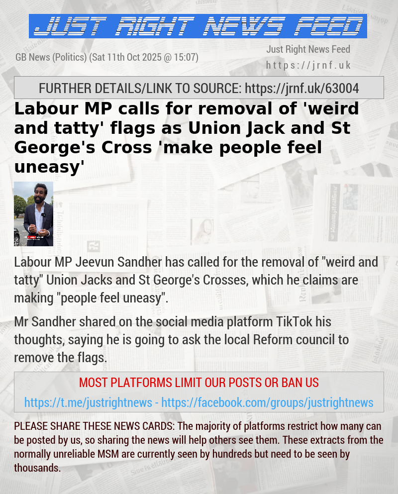 Labour MP calls for removal of ’weird and tatty’ flags as Union Jack and St George’s Cross ’make people feel uneasy’
