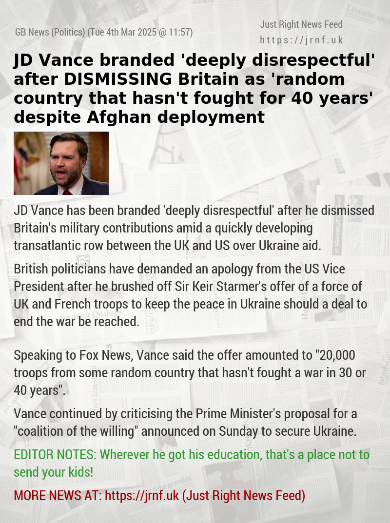 JD Vance branded ’deeply disrespectful’ after DISMISSING Britain as ’random country that hasn’t fought for 40 years’ despite Afghan deployment