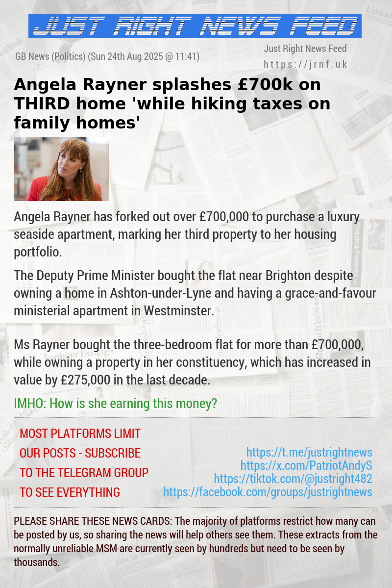 Angela Rayner splashes £700k on THIRD home ’while hiking taxes on family homes’