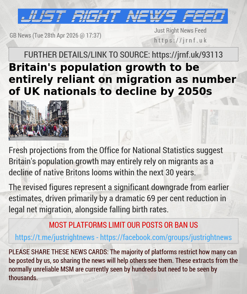 Britain’s population growth to be entirely reliant on migration as number of UK nationals to decline by 2050s