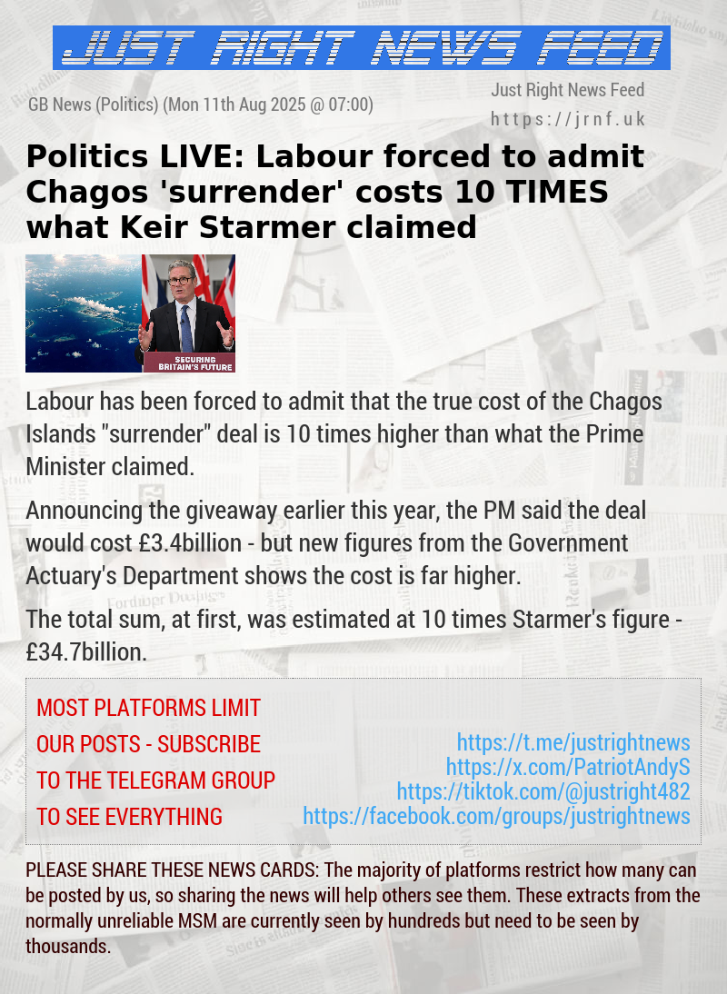Politics LIVE: Labour forced to admit Chagos ’surrender’ costs 10 TIMES what Keir Starmer claimed