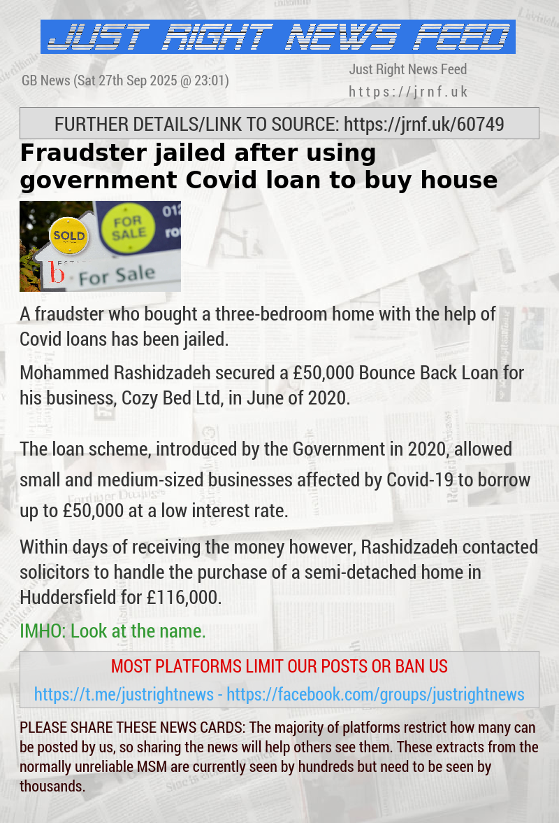 Fraudster jailed after using government Covid loan to buy house