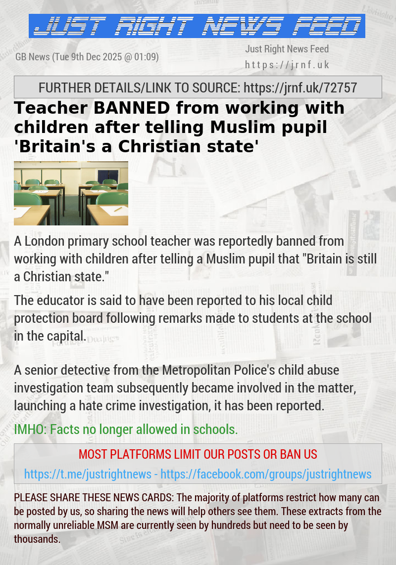 Teacher BANNED from working with children after telling Muslim pupil ’Britain’s a Christian state’