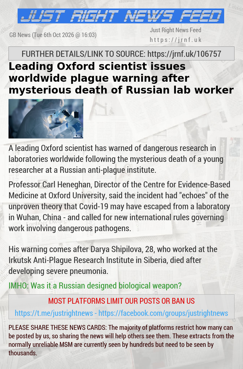 Leading Oxford scientist issues worldwide plague warning after mysterious death of Russian lab worker