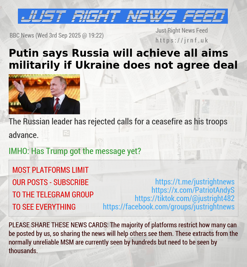 Putin says Russia will achieve all aims militarily if Ukraine does not agree deal