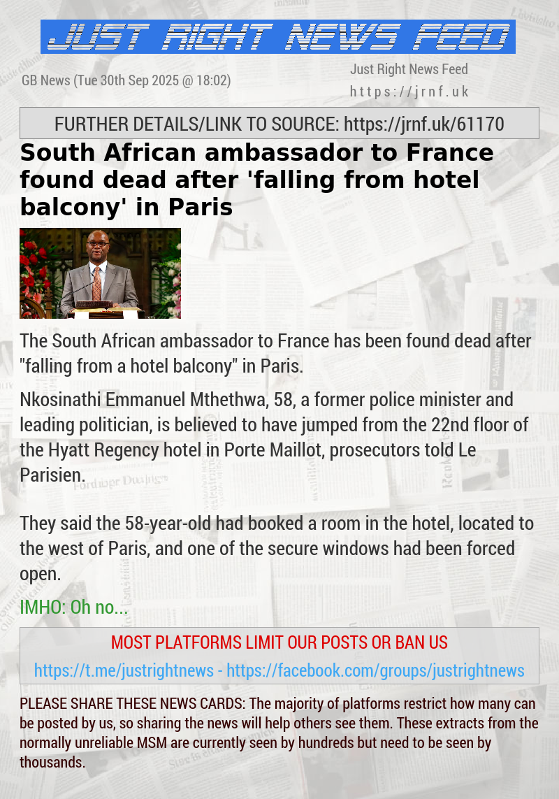 South African ambassador to France found dead after ’falling from hotel balcony’ in Paris