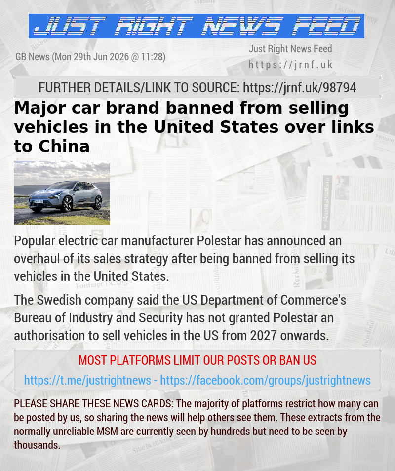 Major car brand banned from selling vehicles in the United States over links to China